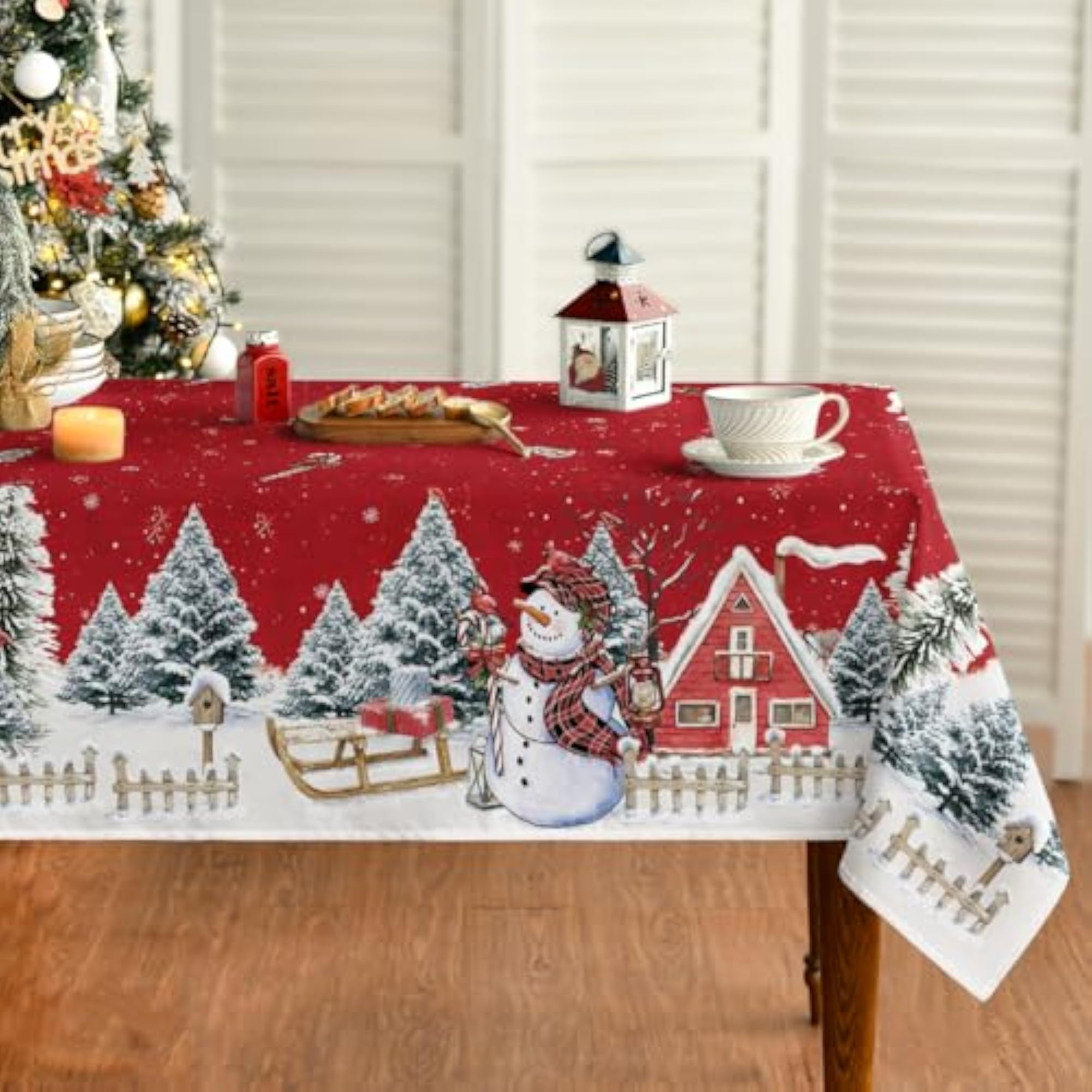 Christmas Tablecloth 52×70 Inch, Winter Snowman House
